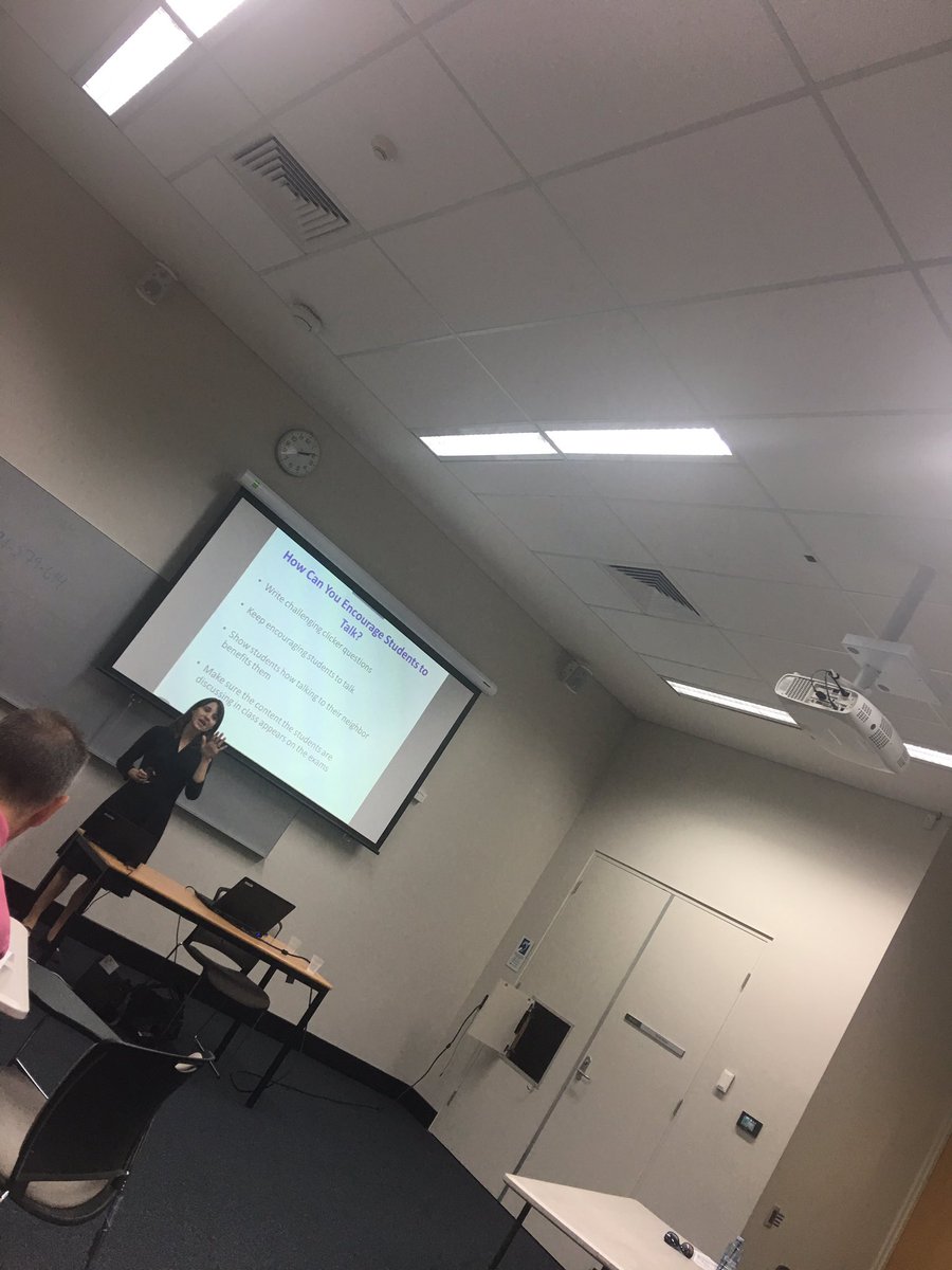 GinaSalibaa's tweet photo. Michelle Smith engaging the audience with strategies on how to encourage student discussion using student response systems #d4learning https://t.co/3BmDZ90HIu
