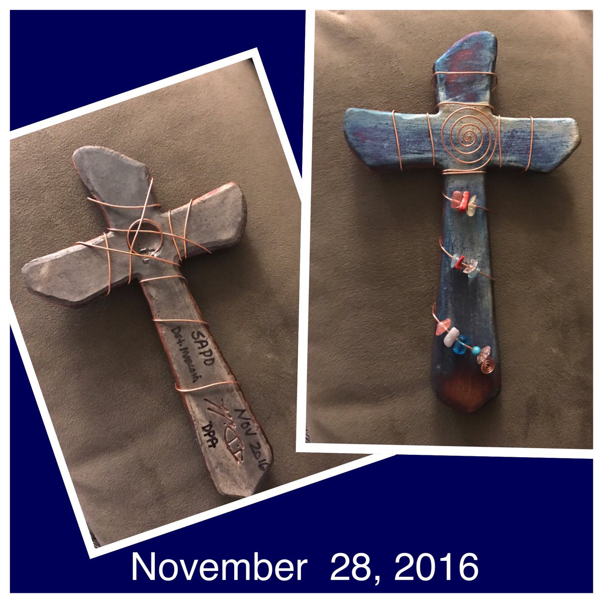 MelindaPIO's tweet photo. Each cross on my wall has a memory/date on the back. This new addition is in honor of Det. B. Marconi & #SAPD. #crosswall #SanAntonioStrong https://t.co/NvCyeowLaj