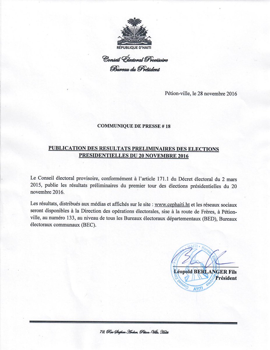 cep_haiti's tweet photo. Résultats préliminaires des élections présidentielles du 20 Novembre 2016 https://t.co/i9GsrkkU8p