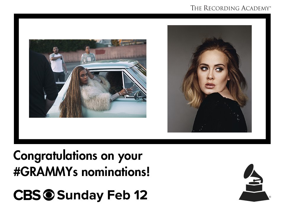 ColumbiaRecords's tweet photo. A big congrats to @Adele and @Beyonce on their #GrammyNominations for Song of the Year, Record of the Year, and Album of the Year! https://t.co/onnj3QnFhe