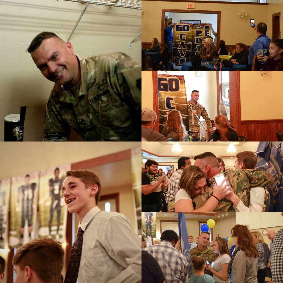 kiskifootball's tweet photo. Kept this First Sergeant #mikemason hidden in closet for big homecoming surprise. Welcome Home! https://t.co/AYJyOc1Wks