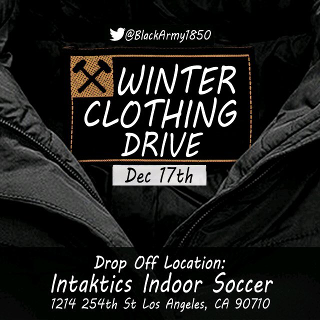 BlackArmy1850's tweet photo. Help on our mission to keep skid row warm! #winterclothingdrive is in full effect! We will be collecting clothes Dec 17th @intakticssoccer https://t.co/K51xHkJu9f