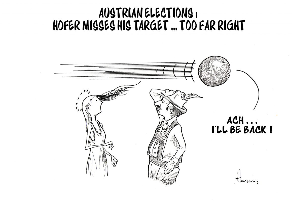 KatoikosWorld's tweet photo. #AustrianElection: Norbert #Hofer2016 defeated. Europe's safe, for now. More: https://t.co/wbhshGcB9O #cartoon #cartoonists https://t.co/26Pl77THPC