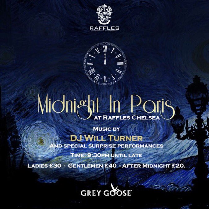 RafflesChelsea's tweet photo. Tickets for our Midnight In Paris NYE party are now live https://t.co/OCsG8mxKNJ π«π·πΎπ°ππβ¨π #midnightinparis #flybeyond #raffleschelsea https://t.co/nv7aCNVB3W
