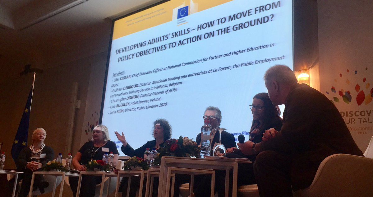 EPALE_EU's tweet photo. Panel at #EUadultskills conf attempts to answer the big question: "How do we help adult learners feel all tingly and special?" #epale2016 https://t.co/80KY22BzKE