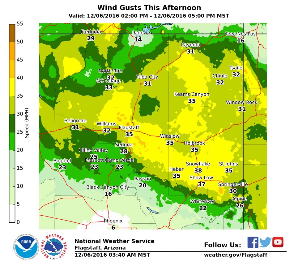 NWSFlagstaff's tweet image. Southwest winds will be on the increase today. Here are some expected wind gusts this afternoon. #azwx