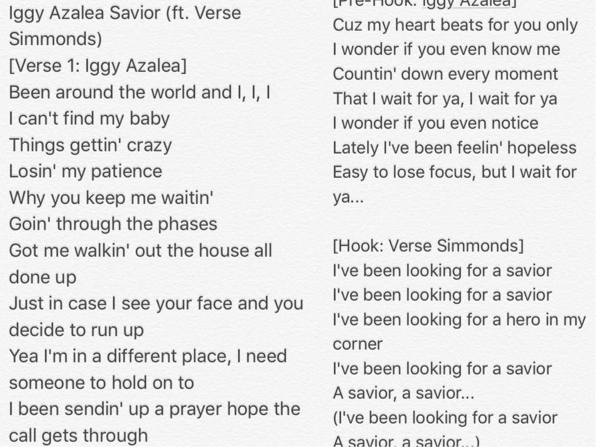 IAGermany's tweet photo. Here are the lyrics for the leaked song from DD its called 'Savior' by @iggyazalea ft. @VerseSimmonds 🔥 https://t.co/5BbWyC6p4J