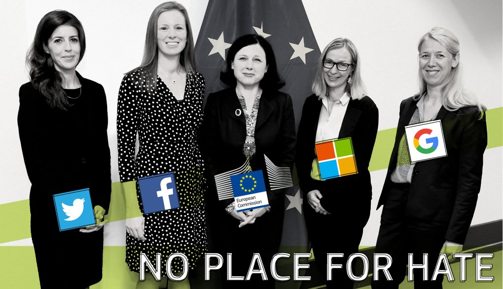 EU_Commission's tweet photo. Fighting illegal online hate speech: first assessment of the new code of conduct #NoPlace4Hate https://t.co/YYSpiSeFq6 https://t.co/P22Jfb521J