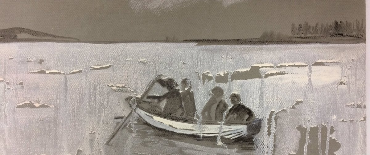 Angelajolene's tweet photo. Starting something new. Glad to be painting again. #4meninaboat #settingoff #oldtimes #hunters #horizon #art #oilpainting #scandinavia https://t.co/ePr21QDW5w