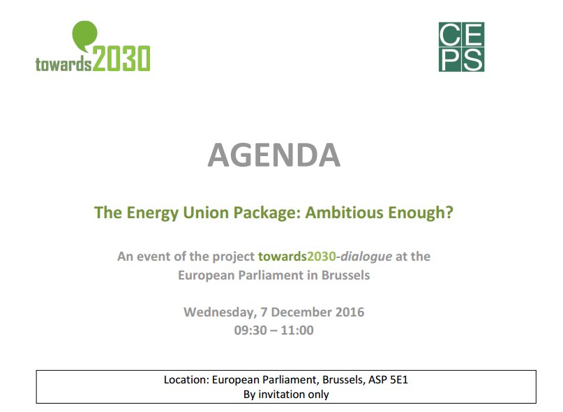 Towards2030's tweet photo. EP Policy Event: The new #EnergyUnion Package: Ambitious Enough? 
@Europarl_EN ,December 7, 2016
Agenda: https://t.co/3R8oppmwCj https://t.co/xmeZiWq0Ie