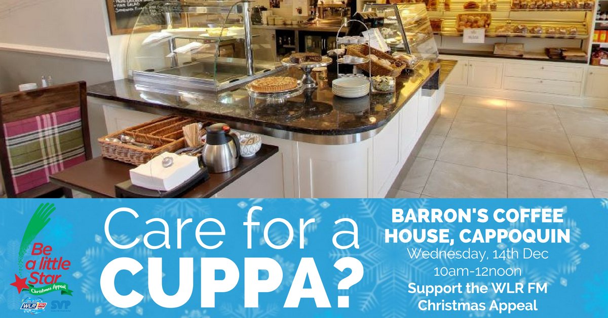 wlrfm's tweet photo. Waterford's BIGGEST COFFEE MORNING! @BarronsCoffeeHo on Wed 14th Dec 10am-noon to raise money for @SVP_Ireland! #BeALittleStar #DeiseAM https://t.co/4YskxHoGHU
