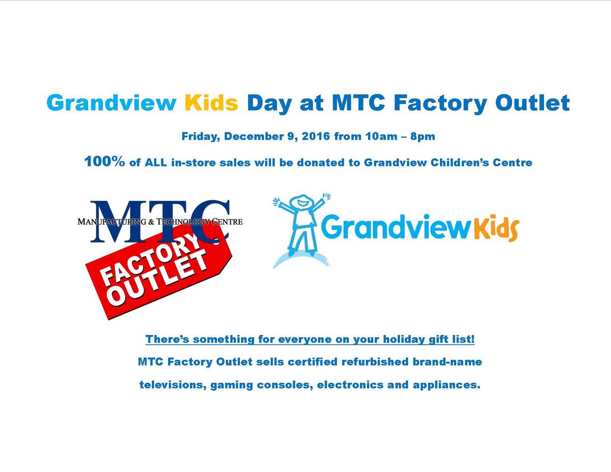 GrandviewKids's tweet photo. Get your Xmas shopping done &amp; help #GrandviewKids. Go to @mtcclearance on Friday. 100% of net proceeds from in-store sales will be donated https://t.co/kivKtUdxV5