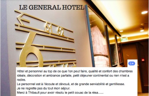 Vos commentaires comptent beaucoup pour nous, on vous les fait partager :)

#commentaire #LeGeneralHotel