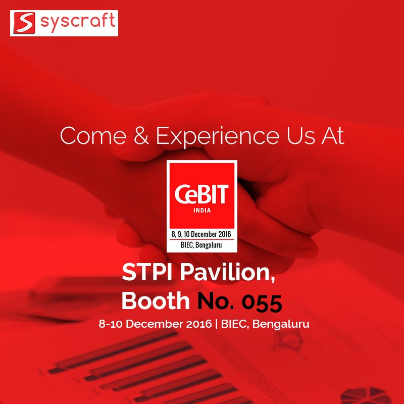 SyscraftDM's tweet photo. There will be a great talk on IT innovation #CeBITIndia2016 Stop by #Syscraft stall STPI 055,to be held in Bengaluru https://t.co/HVF7ttE5Qb https://t.co/PCDddAOrTj