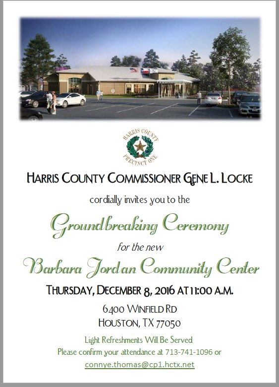 genelocke's tweet photo. Excited about the groundbreaking, honoring 2 political icons; the late Congresswoman Jordan &amp; the late Commissioner El Franco Lee #HouNews https://t.co/8xvufJaStN
