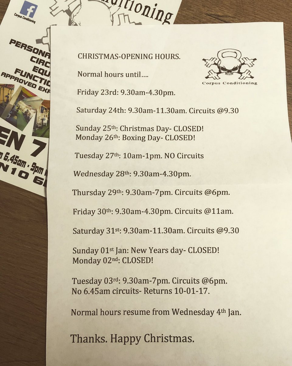 CorpusCCentre's tweet photo. Christmas Opening Times.
#keepitcorpus #bootcamp #circuits #gymclub πͺπ½ https://t.co/GfvoKcSFAD