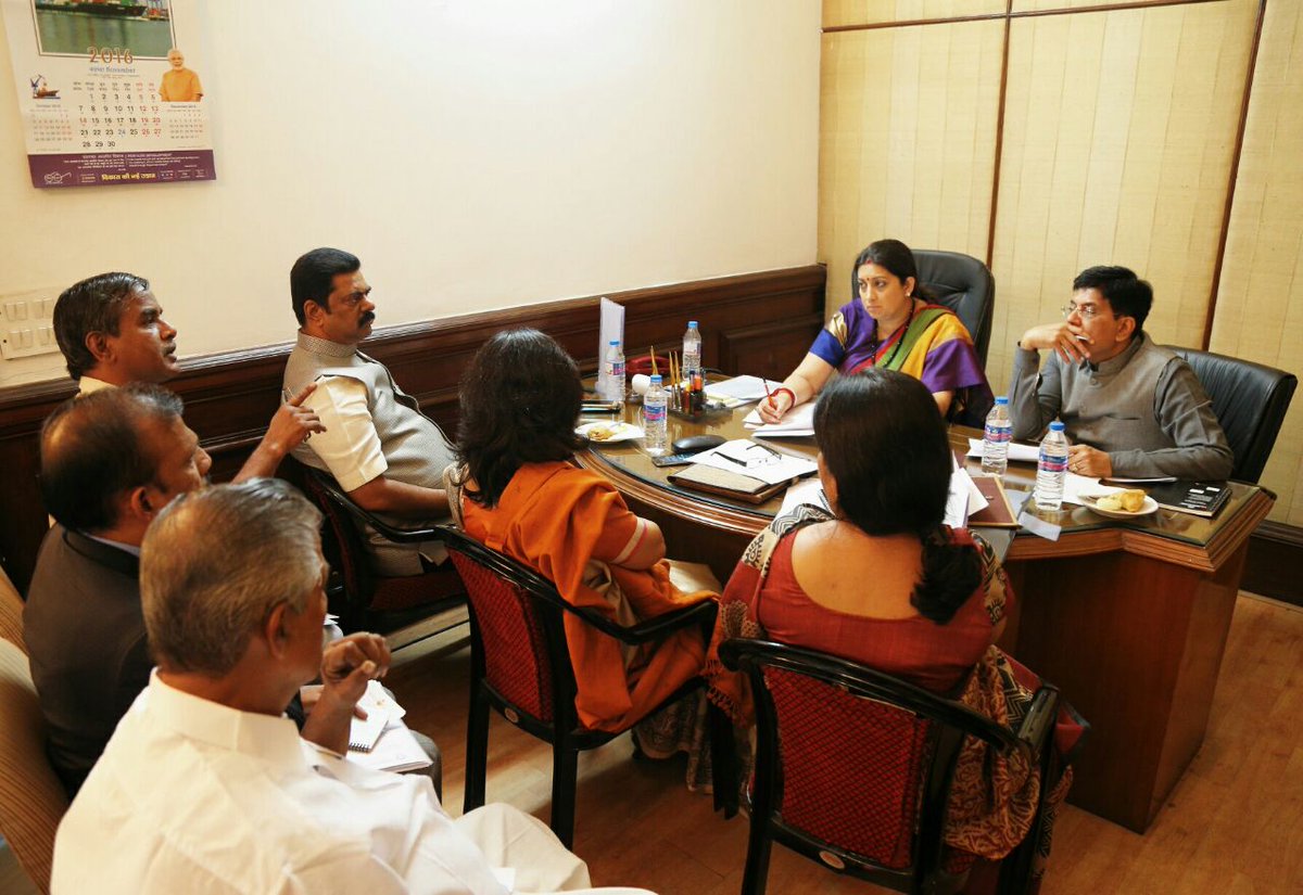 PiyushGoyal's tweet photo. Had a discussion with Minister of Textiles Smt. @smritiirani Ji on power tariff and other issues faced by the Powerloom Sector. https://t.co/7sBMZ5Vg2E