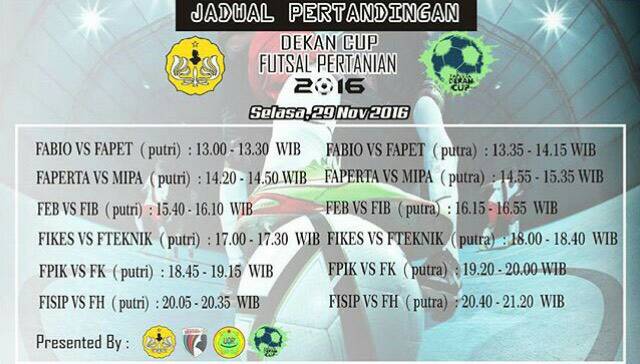 Jadwal tanding Hari ini
Futsal
Pi: FEB vs FIB 15.40 WIB
Pa: FEB vs FIB 16.15 WIB
Ayooo spartan dukung dan ramaikan tribun!!!
#SpartanEconomy
