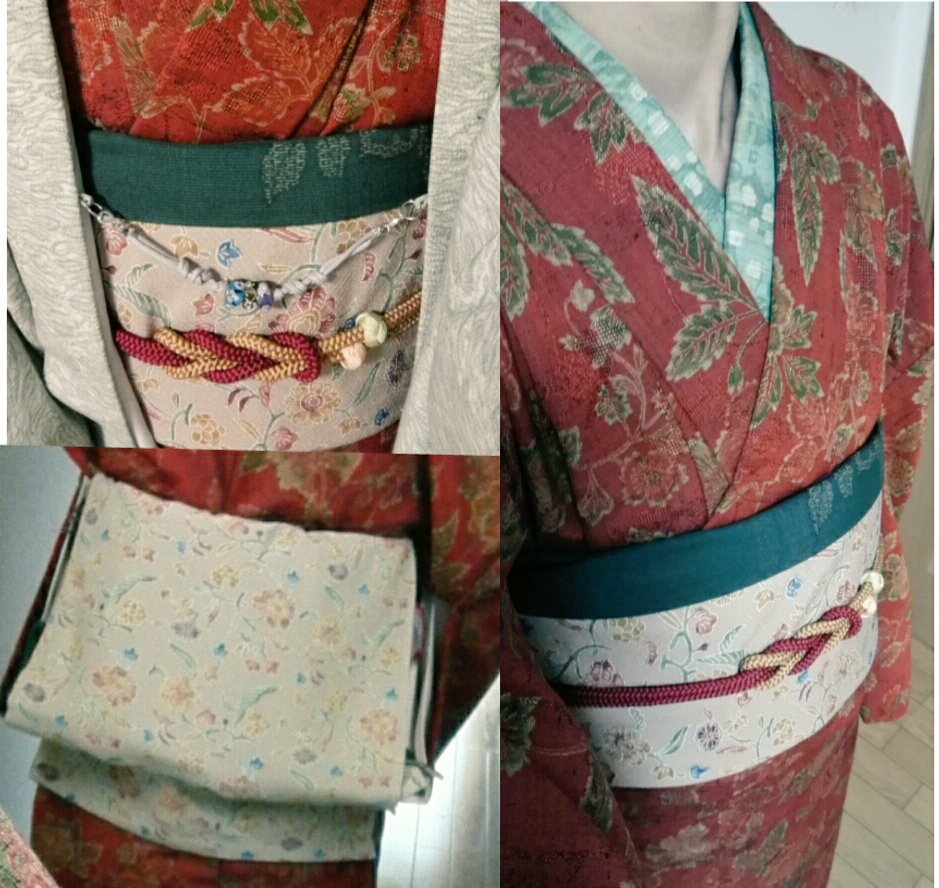 tetekoteko's tweet photo. 先日と同じしょうざんウールに姉妹屋さんの大人へこ帯で角出しもどき。ベージュに花柄をメインに出し、花×花コーデ。帯の裏面を折り返して帯揚げがわりに。出先では羽織を着ています。羽織紐はやっぱり自作のなんちゃって。龍村の鼻緒の草履と赤いバッグで。#今日の着物　#着物自画撮り部 https://t.co/QRvCTiM1lS