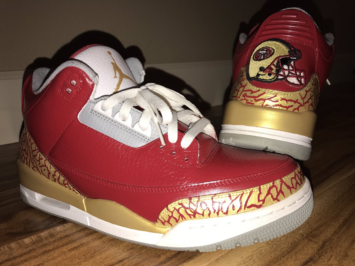 Losoya49er's tweet photo. @ryan_knows is a #Beast #49ers #RedNGold #CustomsThatDontLookCustom #AirMax9 #Retro3 #AirForce1 https://t.co/4mq6voINEs