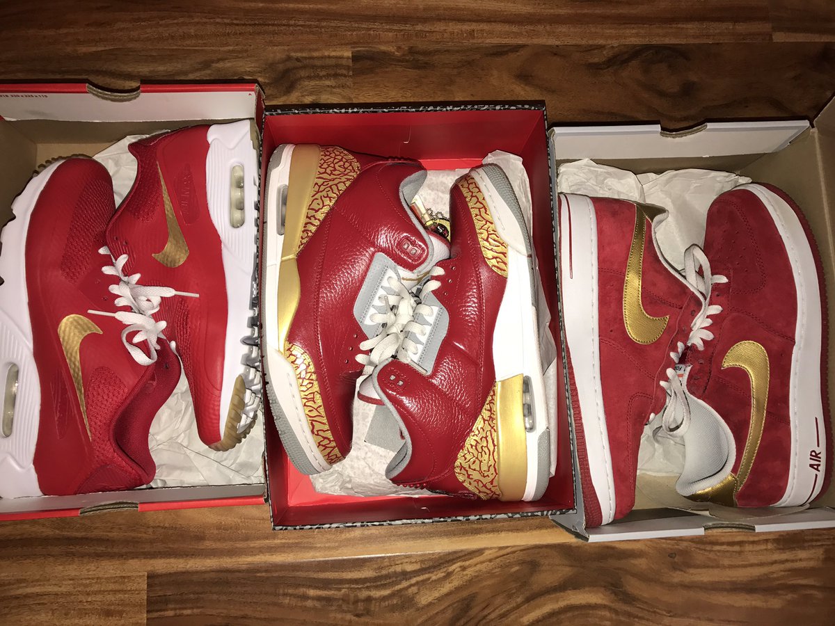 Losoya49er's tweet photo. @ryan_knows is a #Beast #49ers #RedNGold #CustomsThatDontLookCustom #AirMax9 #Retro3 #AirForce1 https://t.co/4mq6voINEs