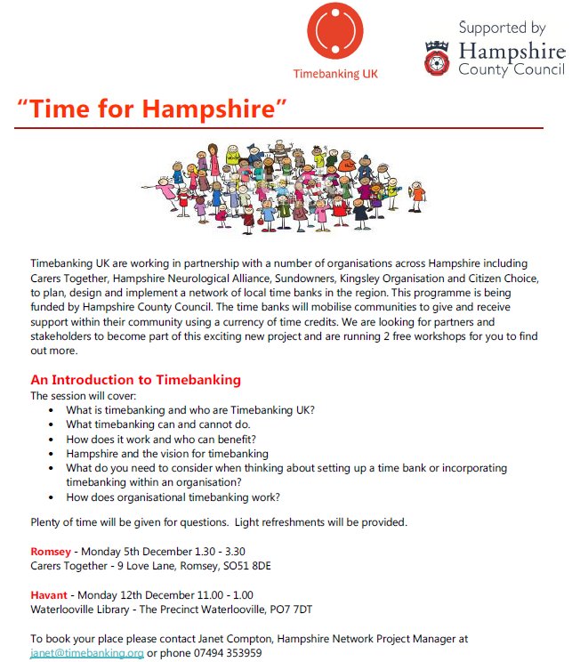SupportiveComm's tweet photo. Opportunity to be a stakeholder or partner in #Hampshire's exciting new #timebanking project. Attend one of 2 free workshops @TimebankingUK https://t.co/Qbqb9HLQxs