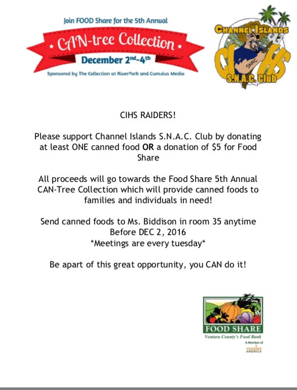 cihssnac1's tweet photo. If you CAN, it would be CAN-tactic if you guys CAN bring in your CANNED FOOD!!! https://t.co/MpLJyIPAcI