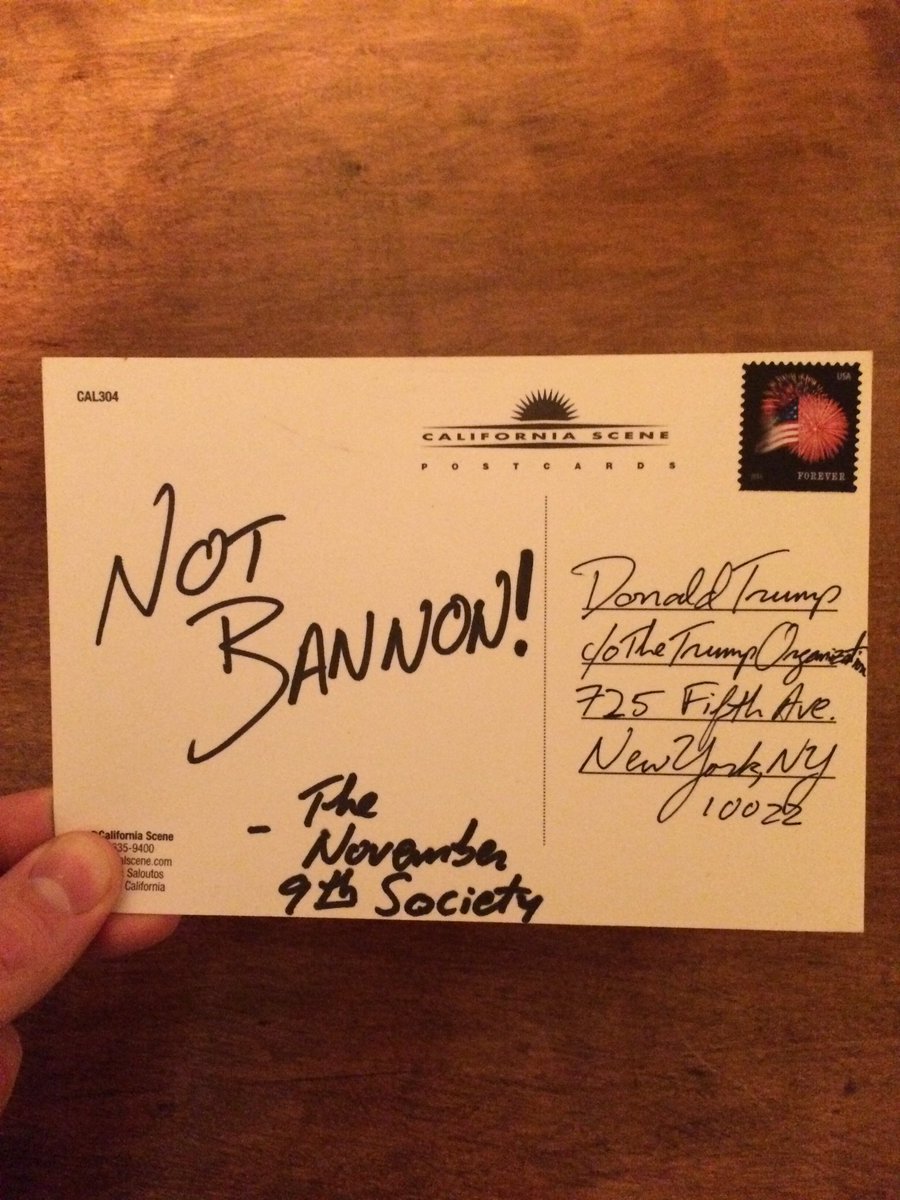 jwdamron's tweet photo. A little mail for the president-elect. #postcardavalanche #StopBannon https://t.co/0lyusMeK3s
