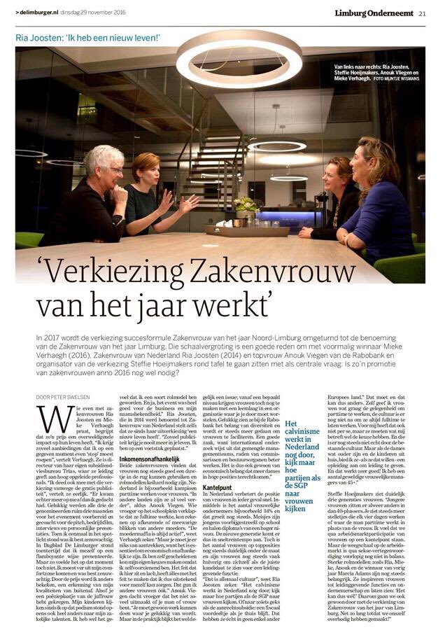 Vanaf volgend jaar verkiezing Zakenvrouw Limburg! Interview <a href="/RiaJoostenCE/">Ria Joosten</a> <a href="/MiekeVerhaegh/">Mieke Verhaegh</a> @ViegenAnouk <a href="/Steffie_H/">Steffie Hoeijmakers</a>