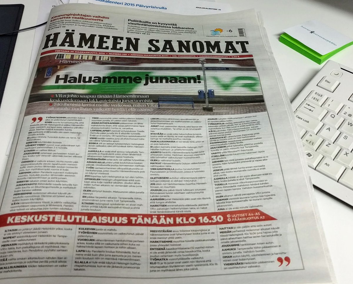 ToivonenSoile's tweet photo. Aiheellinen tuskastuminen vähän erilaisella etusivullamme. #hameensanomat Kyselyn 740 vastauksesta osa mahtui. #haluanjunaan #hameenlinna https://t.co/2Afx78v24u