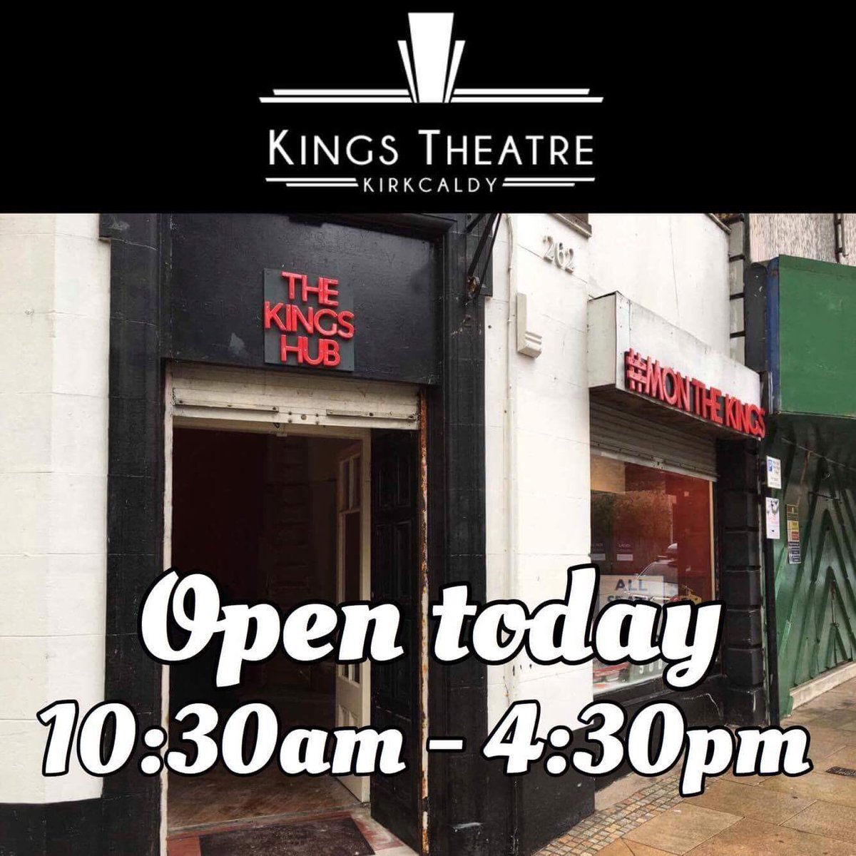 KingsTheatreKDY's tweet photo. We're open today! Come down to meet the team and maybe even book a tour... #MonTheKings #TheKingsHub #SupportTheKings #Kirkcaldy https://t.co/hRvAkvtBC1