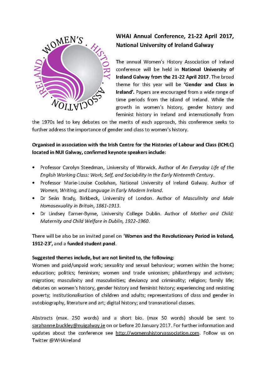 CFP Anyone studying girlhood in Ireland? <a href="/WHAIreland/">WHAI</a> conference on women's history, gender &amp; class - funded student panel! (deadline 20 Jan)
