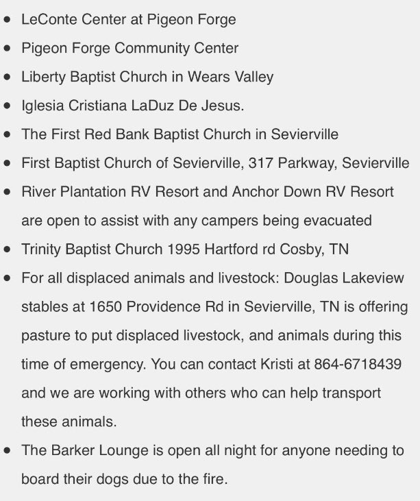 Knoxville_PD's tweet photo. Here is a current list of shelters for people, livestock &amp; small animals affected by the #Gatlinburg fire. https://t.co/JKUyjYr9vo