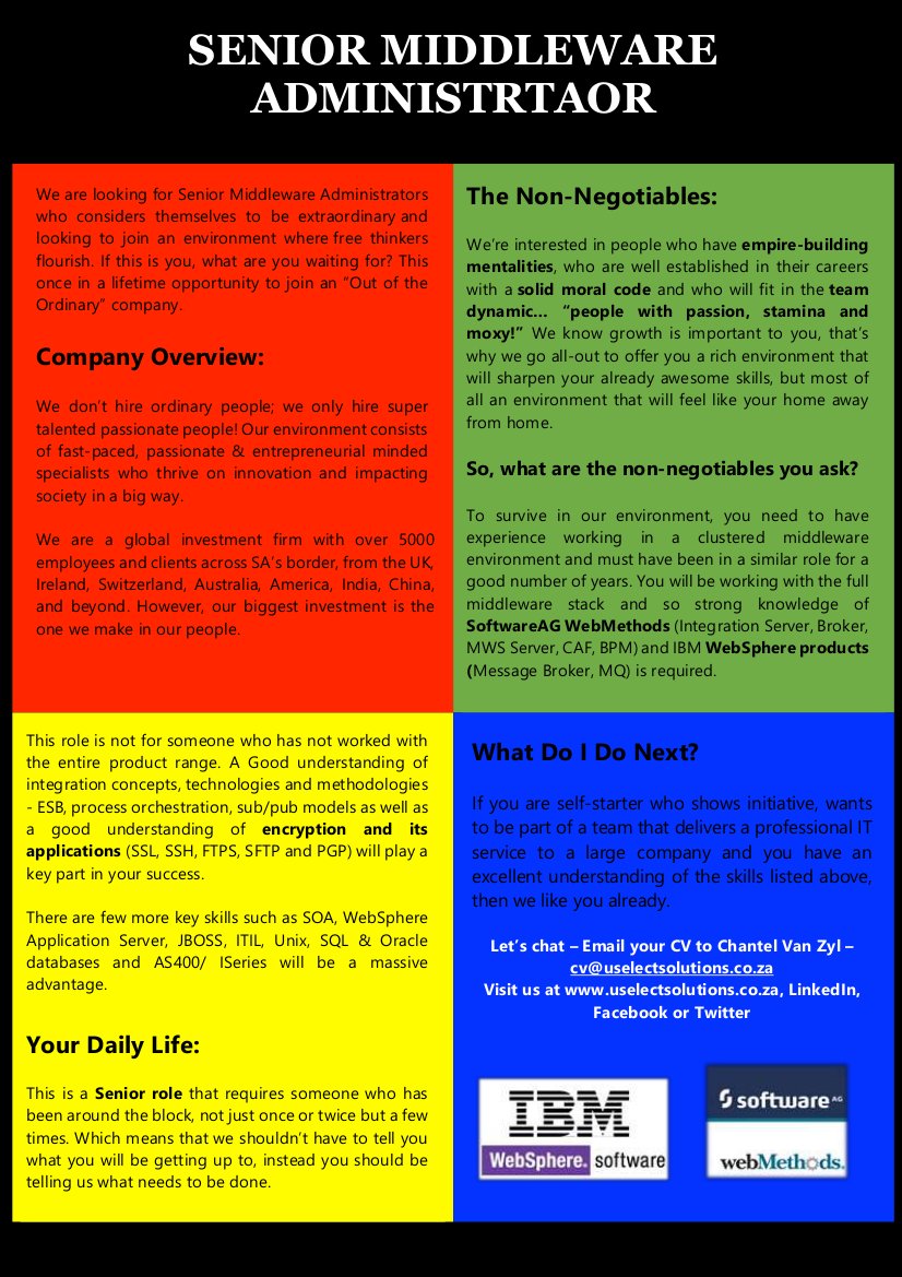 U_Select's tweet image. Are you a Senior Middleware Administrator who has worked with the full middleware stack? Keep Reading #middleware #IBMwebsphere #itjobs