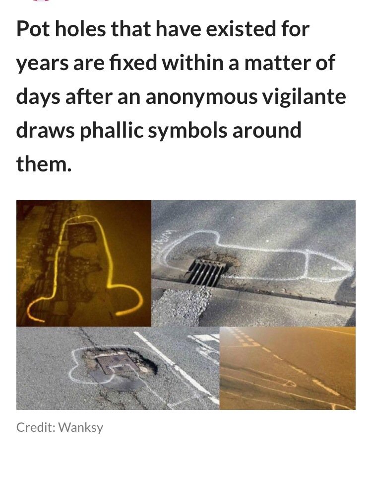 ThePoke's tweet photo. Meet Wanksy: an ingenious idea to force the local council to fix potholes by drawing dicks on the road

https://t.co/Jm2aCqnt2B https://t.co/vihAQXA8kn