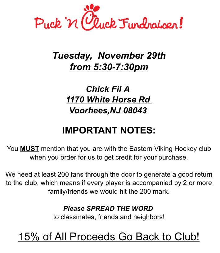 Eastern_Hockey's tweet photo. Come out to Chick Fil A today from 5:30 to 7:30pm &amp; make sure you mention us! We appreciate any support 🏒⚫️🐔 https://t.co/ycXsDZDyoO