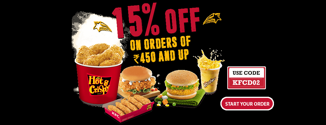 Freeecoupon's tweet photo. Extra 15% OFF on orders worth Rs.450 and above. Choose from #snacks, #burgers, #wraps, #meals, etc. Visit https://t.co/macQKep5iF #KFCoffers https://t.co/AeCqVfTEY6
