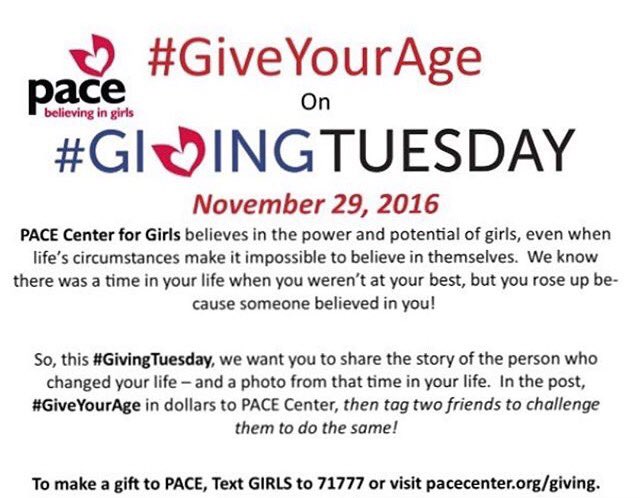 PACECenter_ESR's tweet photo. It's finally here! Please join us and #GiveYourAge for #GivingTuesday and support PACE Center in #believingingirls https://t.co/6UKCQReJlo