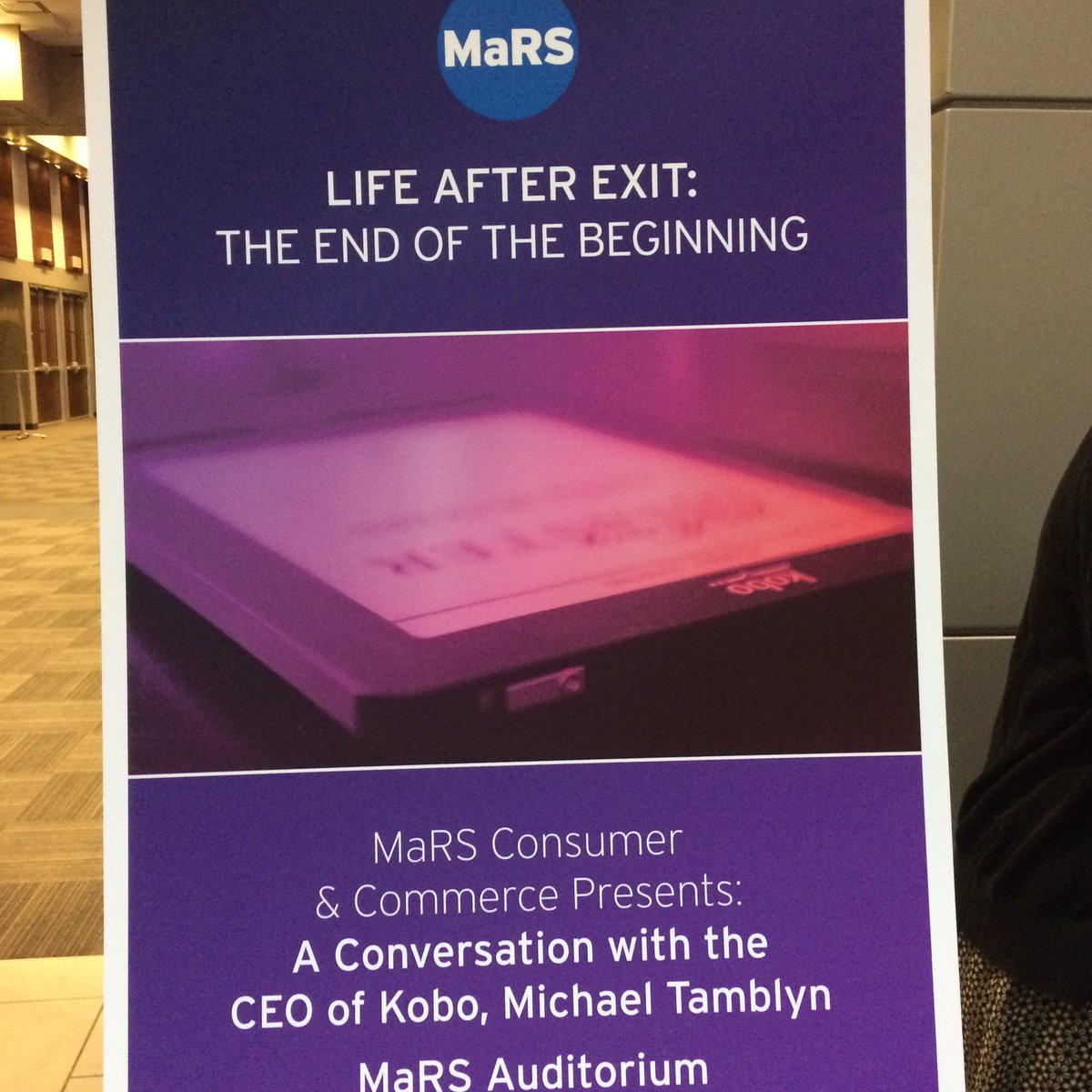 kobo's tweet photo. 5 minutes until showtime. @MaRSDD consumer and commerce presents @mtamblyn , CEO of Kobo #RetailTechTo https://t.co/dkM71mRN4s