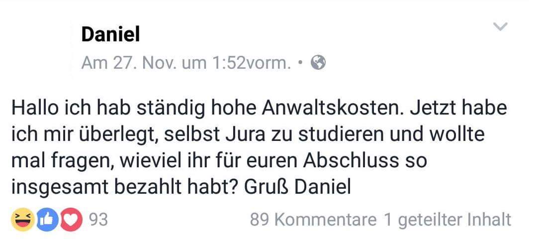 Hohe Anwaltskosten? Kann auch ein Grund sein, #Jura zu studieren. Wieviel der Abschluss kostet, hängt davon ab, wieviel die Prüfer verlangen