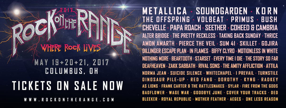 Metallica's tweet photo. Columbus, OH!  We'll be seeing you the third weekend in May! So excited to be a part of this year's #RockOnTheRange festival.  #WorldWired https://t.co/JGZ1bcvpxc
