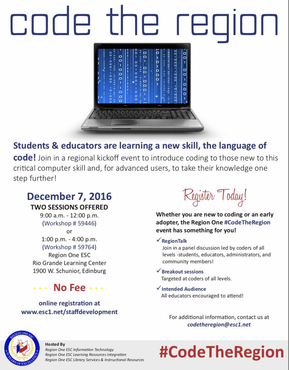 ESC1_IT's tweet photo. We are excited to invite everyone to the initial Code the Region event at Region One scheduled for next Wednesday, December 7th. https://t.co/Hhv4dJPFU8