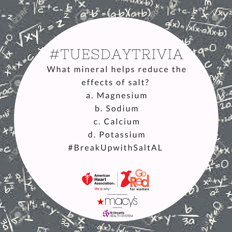 HeartAlabama's tweet photo. #TuesdayTrivia: Answer for chance to win Low-Sodium cookbook. #BreakUpwithSaltAL is presented by #BhamGoRed local sponsor @stvhealth. https://t.co/xWzqCLvMNp