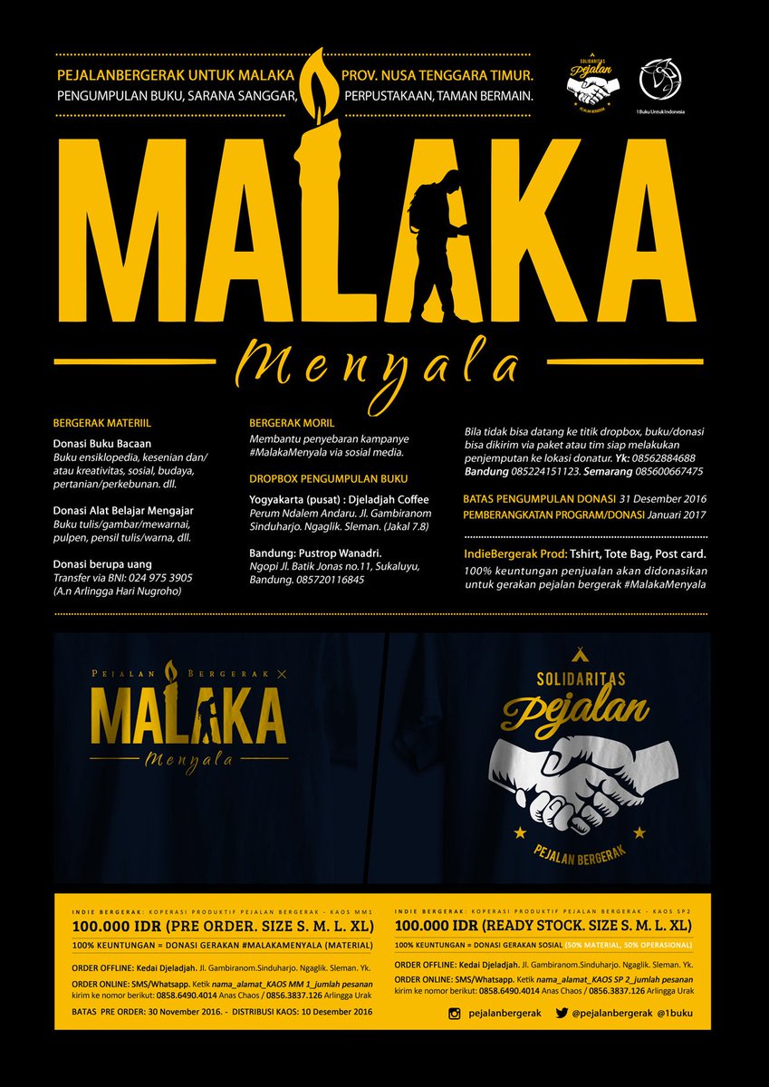 Donasi kalian dapat berupa buku, alat tulis, alat peraga, uang termasuk dg cara membeli t-shirt, totebag / kartu pos dari <a href="/pejalanbergerak/">Pejalan Bergerak</a>