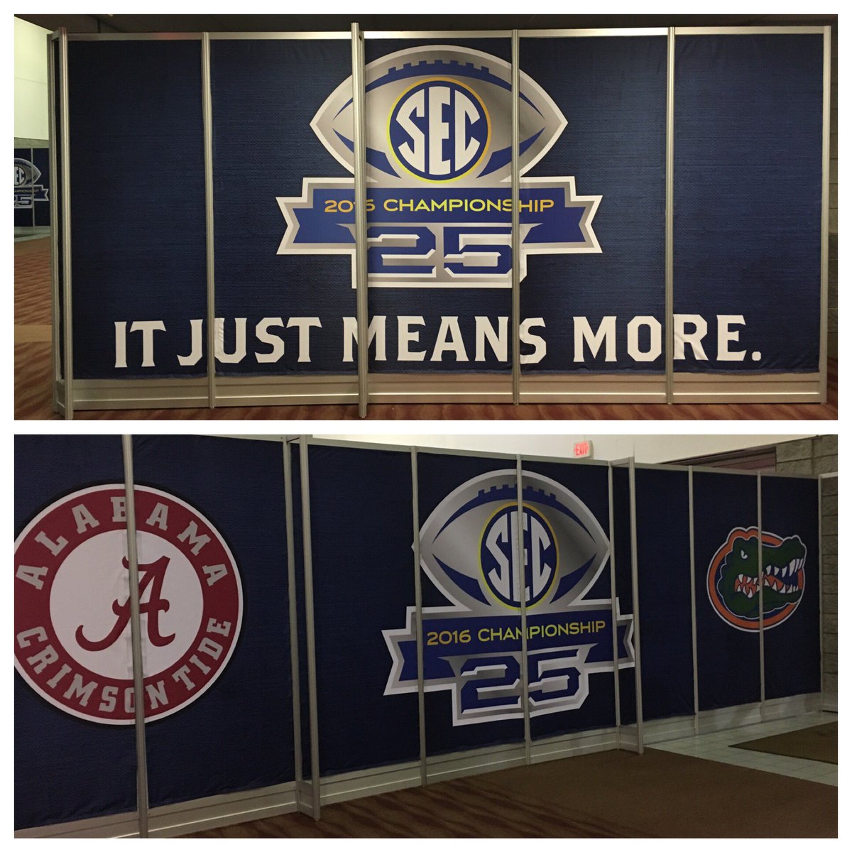 GeorgiaDome's tweet photo. The #SECChamp25 decor is going up around the Dome today! #ItJustMeansMore https://t.co/52mUiZ2Woa