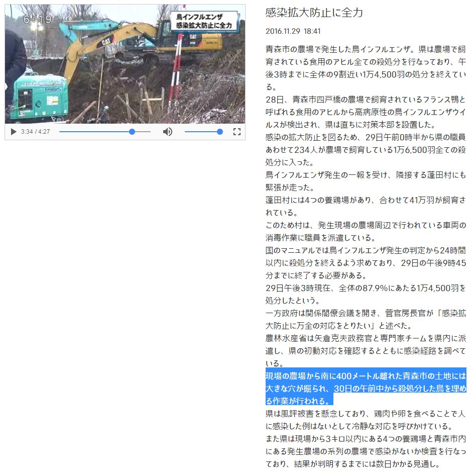 しーずー Auf Twitter Nnn青森 殺処分終了 埋める 処分用の穴は鳥インフルエンザウイルスを封じ込めるため消毒用の消石灰がまかれ ブルーシートが敷かれている 作業員は重機を使って殺処分をしたアヒルが入った袋を穴の中に積み上げていた T Co