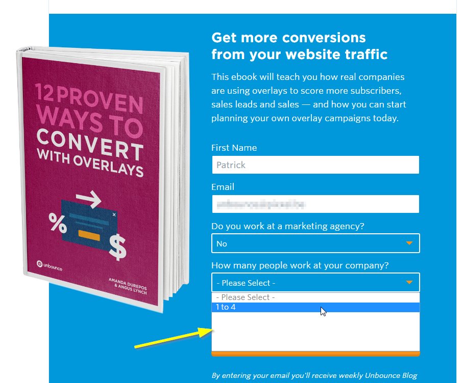 Patrick_Saeys's tweet photo. @unbounce For conversion optimizers, can't believe you've missed the content of the select box is invisible :-) https://t.co/E4xj7KuH2a