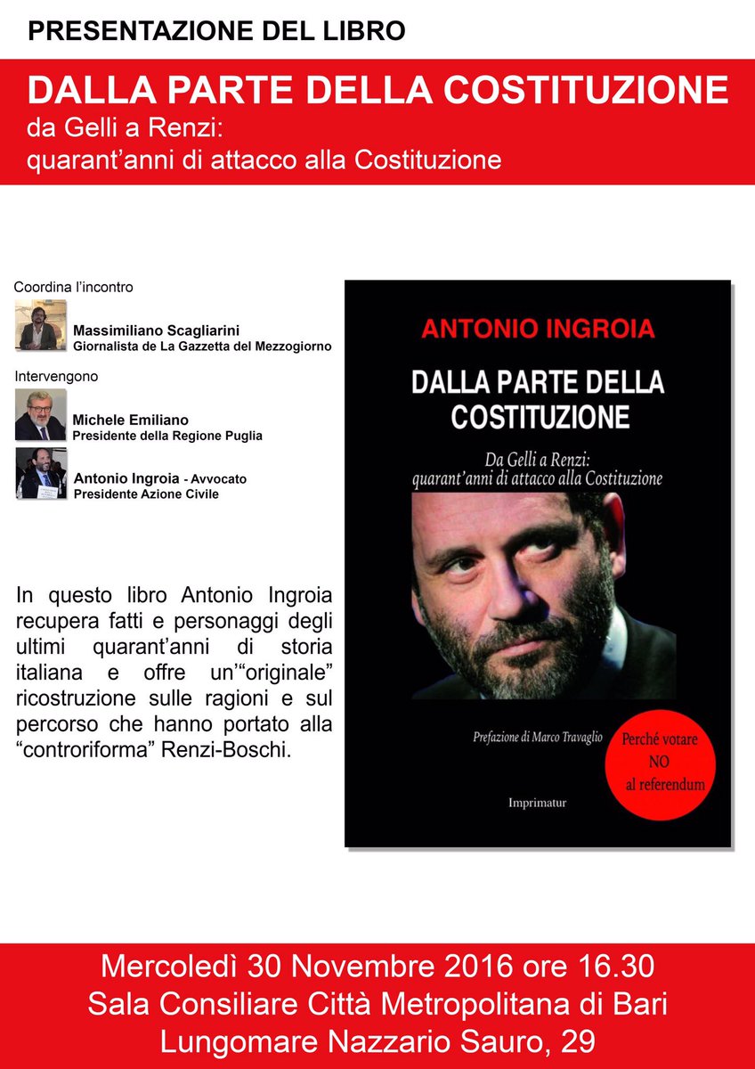 m_scaglia's tweet photo. Domani presento a Bari "Dalla parte della Costituzione" di @AntonioIngroia con @micheleemiliano alle 16,30 presso la Città metropolitana https://t.co/AaUwdC5kYq