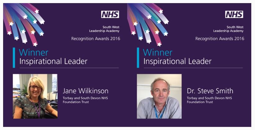 NHS_SWLA's tweet photo. #SWLA16 Inspirational Leader Award, joint winners Jane Wilkinson and Steve Smith both from @TSDFT_NHS #Congratulations https://t.co/FSzVlKQZLZ