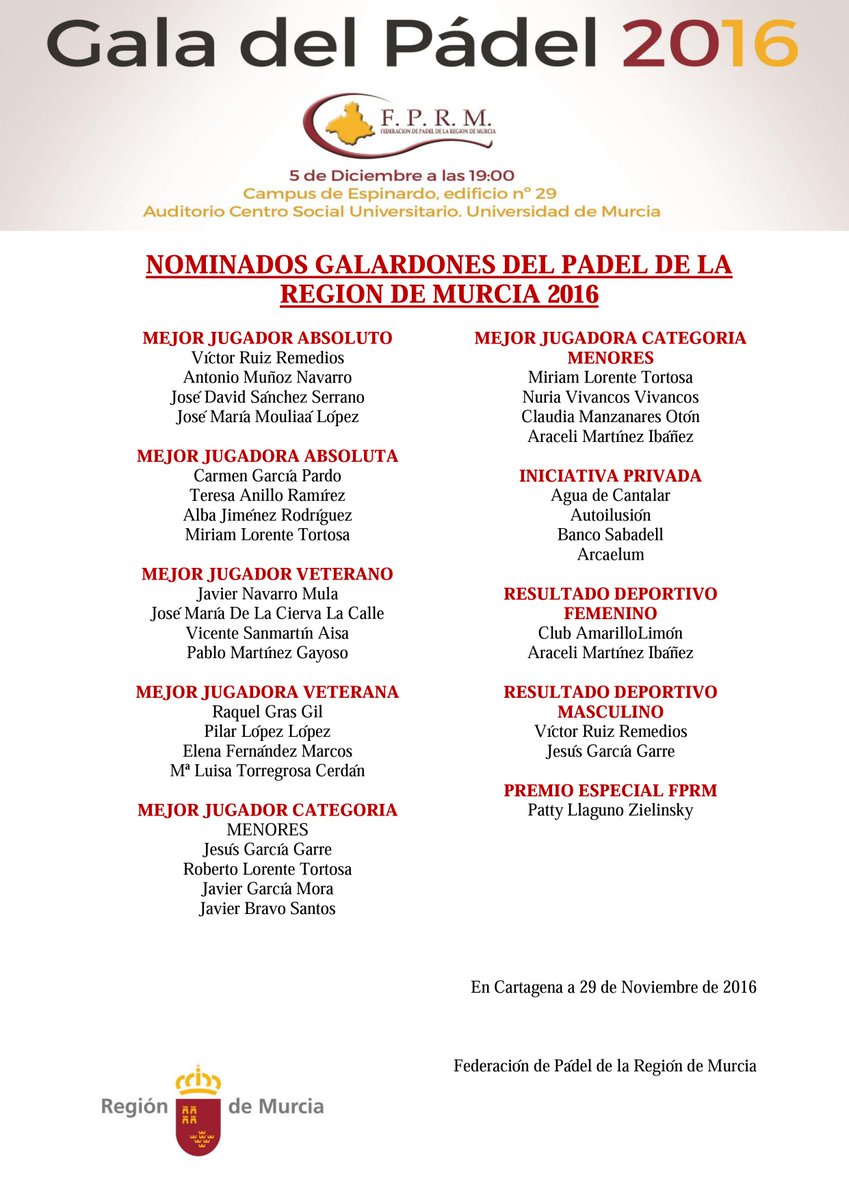 NOMINADOS A LOS GALARDONES DE LA GALA DEL PADEL FPRM 2016
Te esperamos el día 5 de Diciembre a las 19h.
FELICIDADES A TODOS LOS NOMINADOS!!